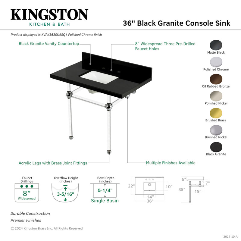 Kingston Brass Templeton 36-Inch Black Granite Console Sink with Acrylic Legs (8-Inch, 3-Hole), Polished Chrome