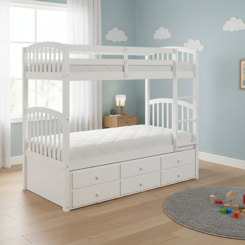 Lit superposé simple au-dessus de simple en bois massif avec lit gigogne simple et 3 tiroirs pour la chambre à coucher, Blanc