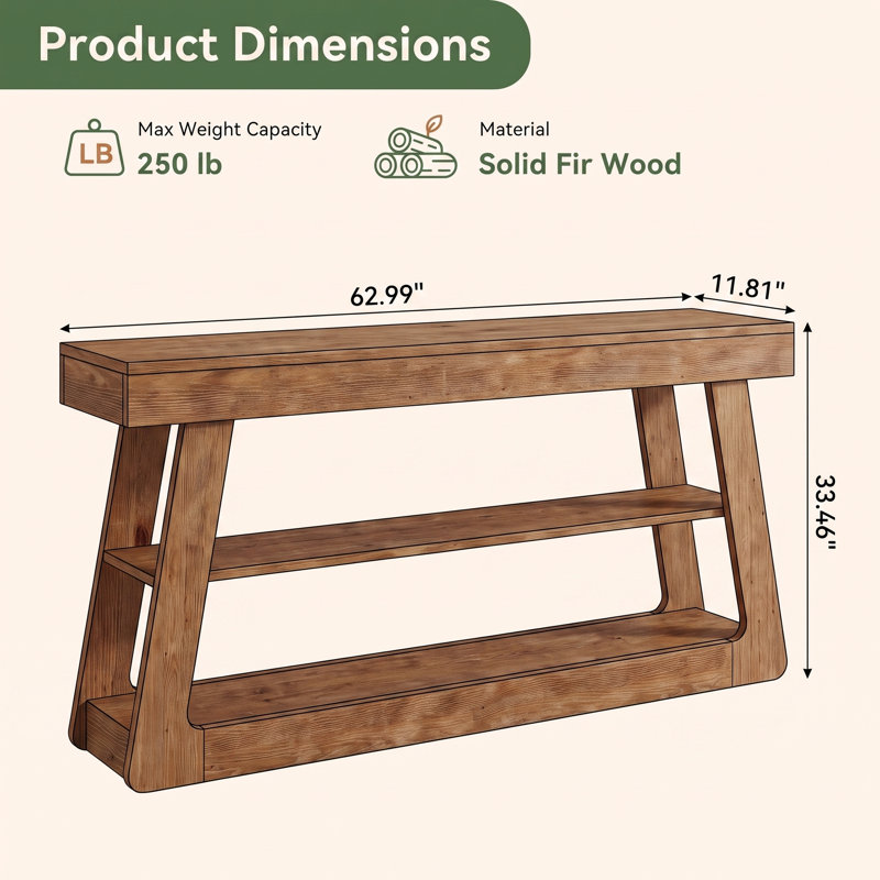 63" Solid Wood Console Table, 3-Tier Storage Narrow Sofa Table