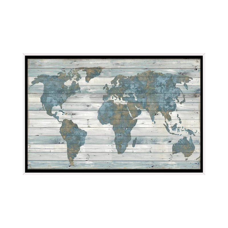 World Map on Wood by Jamie Macdowell - Wrapped Canvas Print, No Mat, 26" H x 40" W x 1.5" D, White Framed