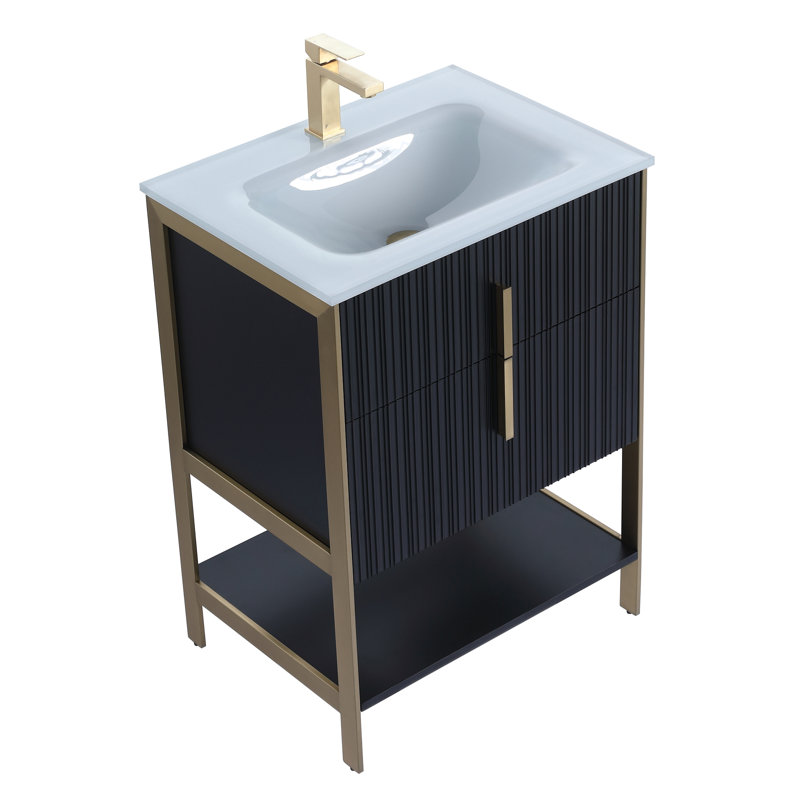 Meuble-lavabo moderne avec plateau en verre blanc Fine Fixtures Serenity, Noir mat / laiton, 24"