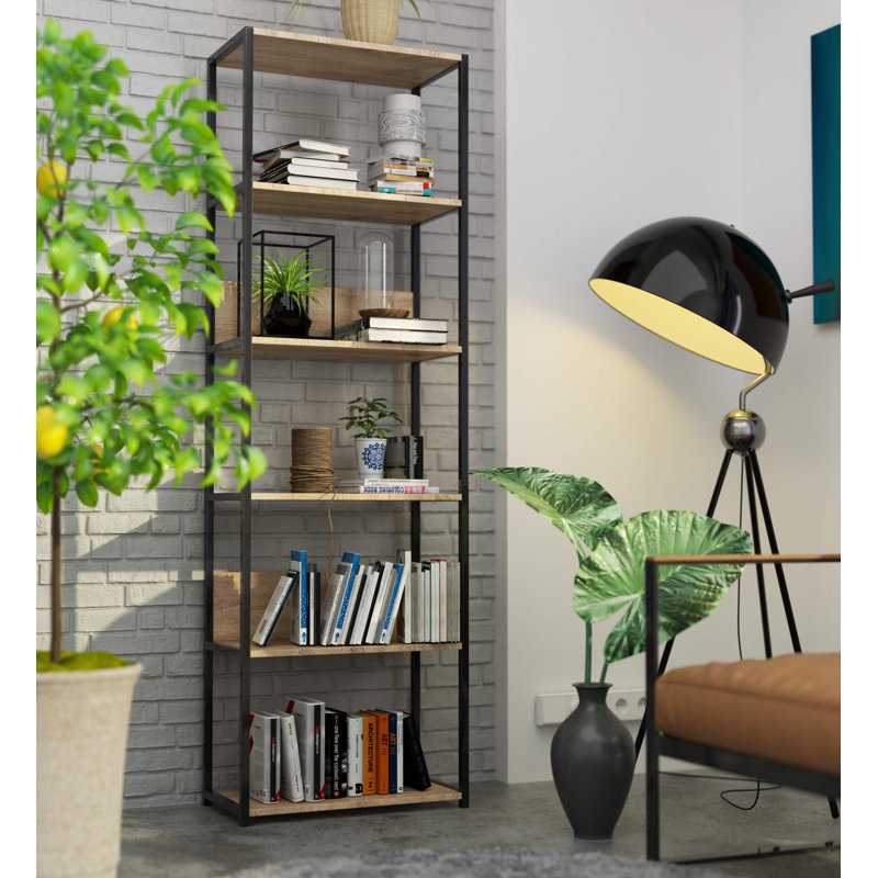 Amadita 192cm H Metal Bookcase, Black/Tan, (6 shelves) 192cm H x 50cm W x 32cm D