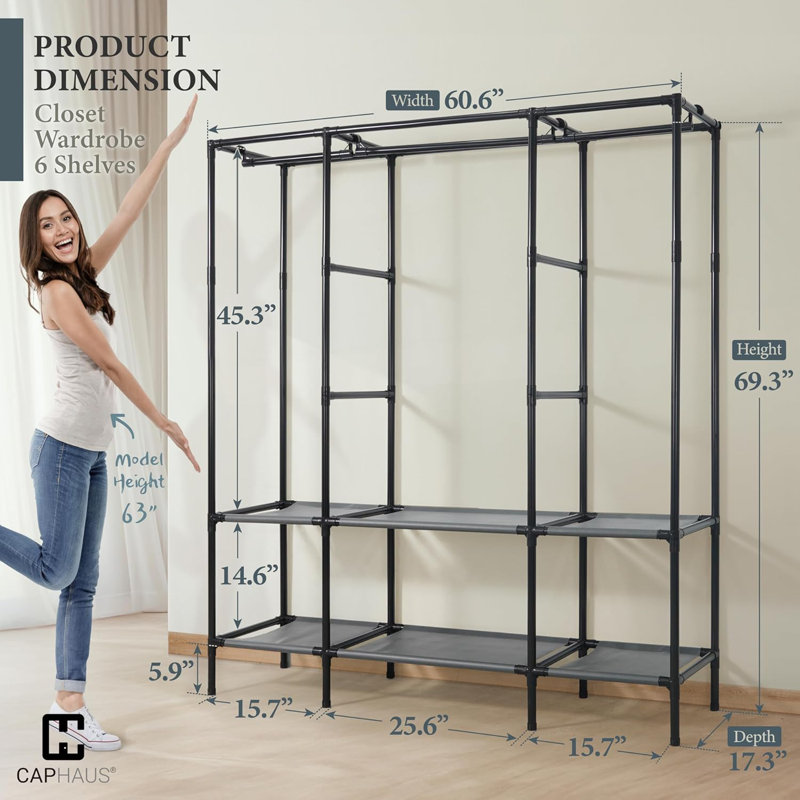 Portant à vêtements robuste de 61 pouces avec cadre en métal avec couvercle et tablettes, tube en acier de 25 mm, capacité de 390 lb