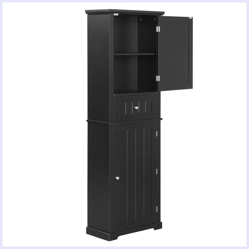 Grande armoire de rangement pour salle de bain, armoire de rangement autoportante avec tiroir et tablette réglable, Noir