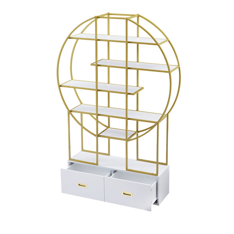 70.8 Inch Round Office Bookcase Bookshelf, Display Shelf, Two Drawers,Frame