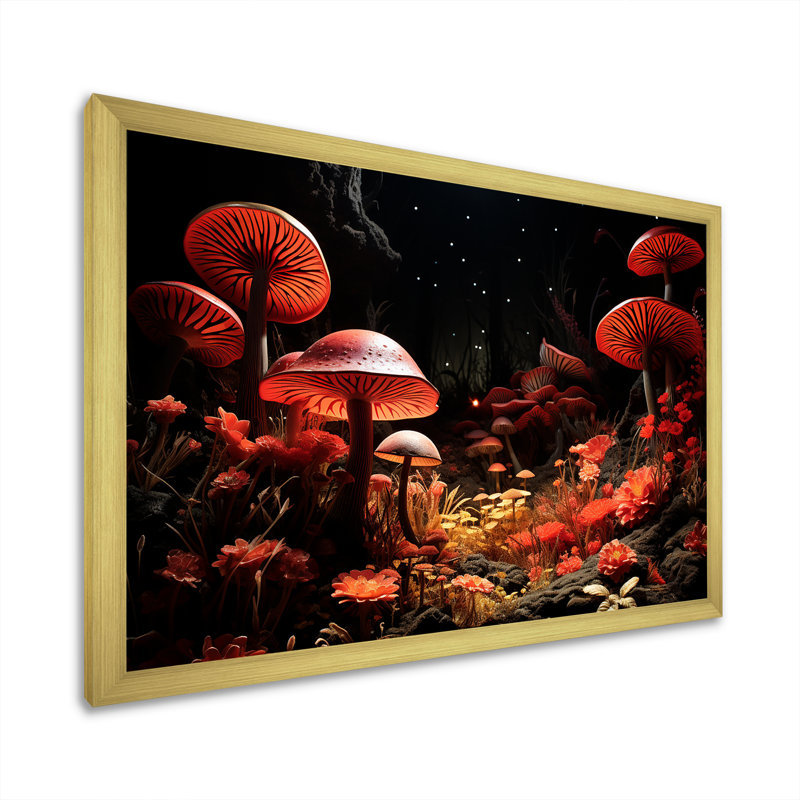 «Red Enchanted Mushroom Botanicals Garden», art mural botanique, Cadre doré à coins fermés, H 24 po x l 32 po x P 1 po