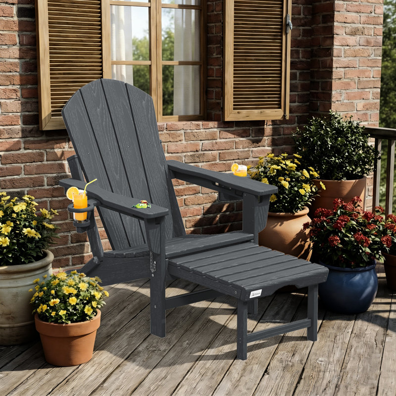 3-Level Adjustable Adirondack Chair with Retractable Ottoman and 2 Cup Holders, Folding All-Weather Outdoor Fire Pit Chair for Deck, Patio, Garden, and Backyard Use, Gray