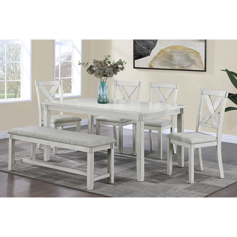 Banc rectangulaire avec finition en bois flotté et revêtement gris pour la décoration de la salle à manger