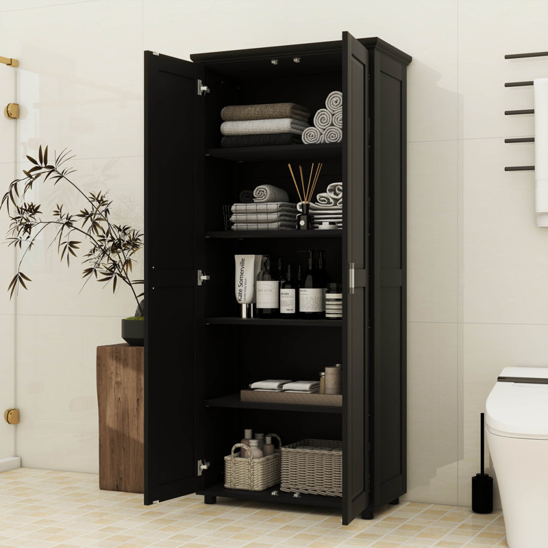Lofty Wooden Bookcase With Dual Doors, Adjustable Shelving, Freestanding Kitchen Pantry Unit, Matte Black