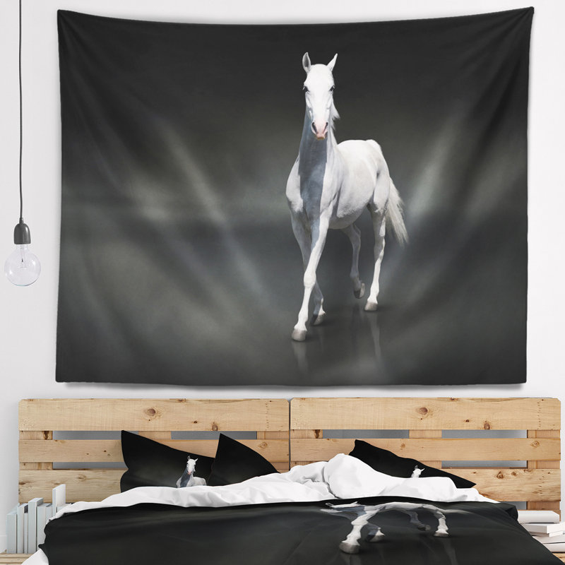 Cheval noir isolé sur une tapisserie noire, H 32 po x l 39 po