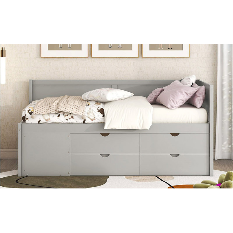 Lit de jour simple avec tiroirs et tablettes, Gris