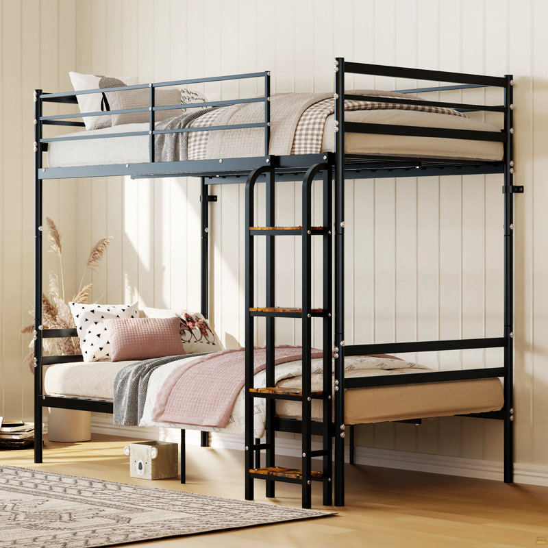 Lits superposés Lit superposé simple au-dessus de simple, lit superposé robuste avec barrière de sécurité et échelle, support à lattes en métal, aucun sommier requis