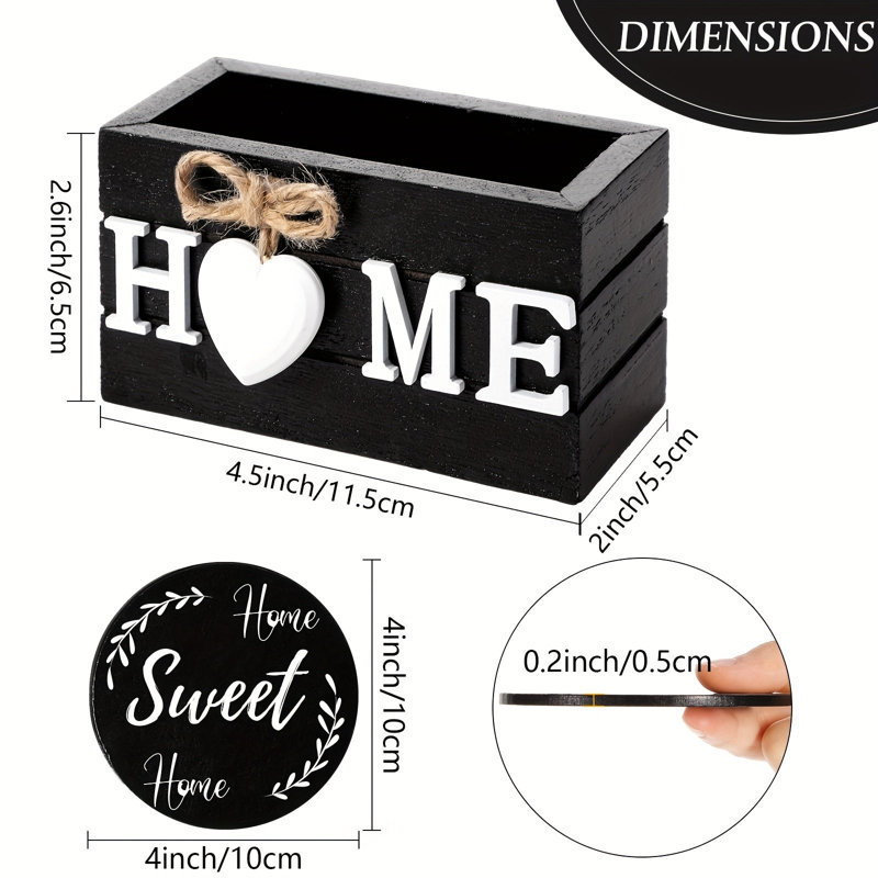 6Pc Black Wooden Heart Coasters With Holder, Brown