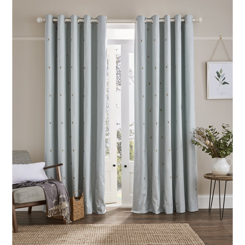 Bee Oatmeal Eyelet Blackout Curtains, Duckegg, 229 x 229cm