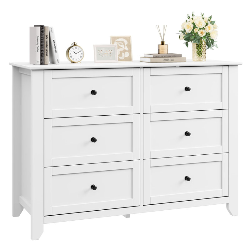Commode blanche à 6 tiroirs pour la chambre à coucher, grande commode avec tiroirs profonds et boutons en métal, commodes modernes en bois pour le vestibule, couloir