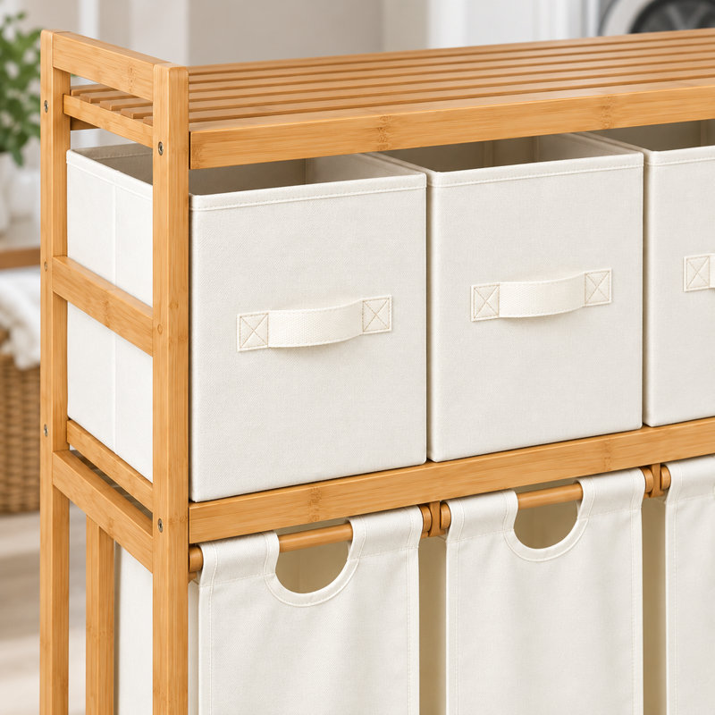 Panier à linge et tablette de rangement en bambou avec panier à linge à 4 compartiments, Blanc, 4 - 1 niveau