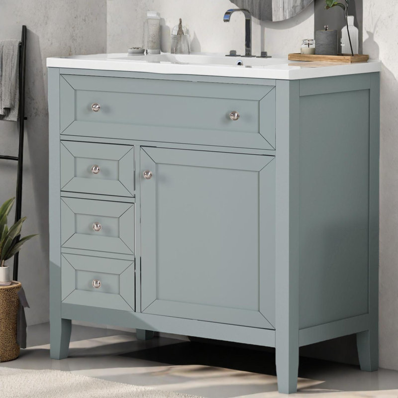 Meuble-lavabo en bois massif avec lavabo en céramique - Rangement réglable et tiroir à fermeture en douceur