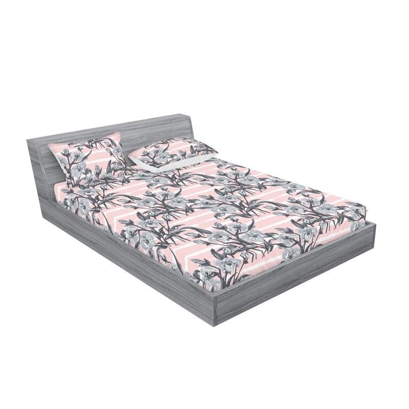 Drap-housse et taies décoratives 3 pièces Ambesonne, Rose pastel pâle, gris / floral