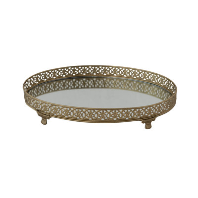 Metal Filigree Footed Tray With Mirror