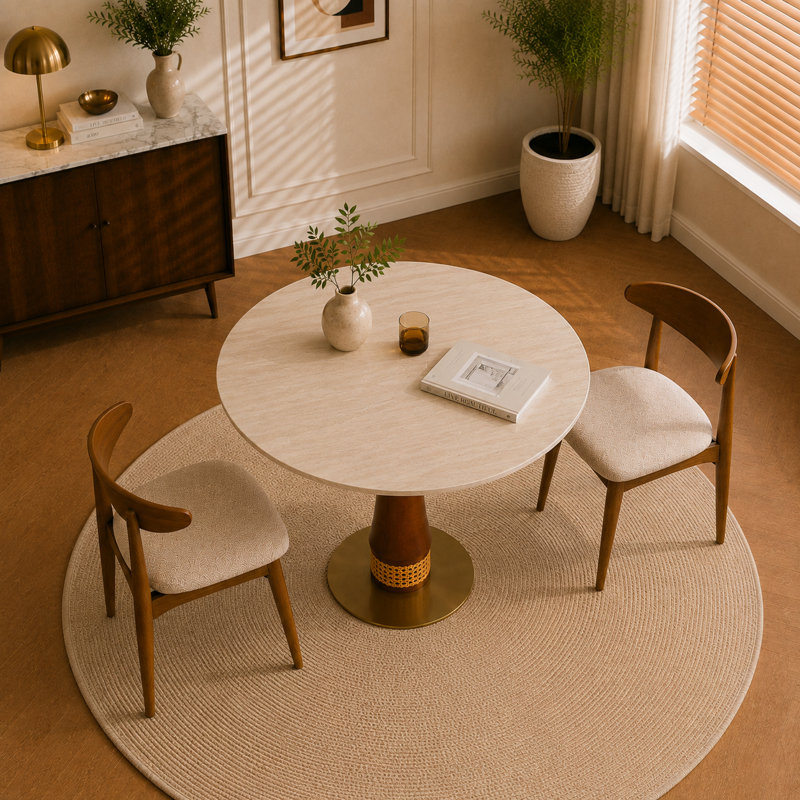 Table de salle à manger ronde de 85 cm (33,5 po) en pierre frittée et pieds en bois d'hévéa, piétement design en bois d'hévéa avec accents en osier tressé à la main et base en acier inoxydable pour cuisine, appartement et bistrot
