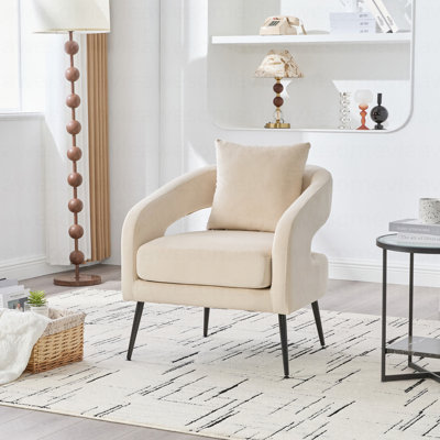 Chaise de salle à manger en tonneau moderne avec accoudoirs à dossier ouvert en velours avec pieds en métal, fauteuil club confortable pour le salon, la salle à manger, la réception, la chambre à coucher et la chambre d'amis, beige