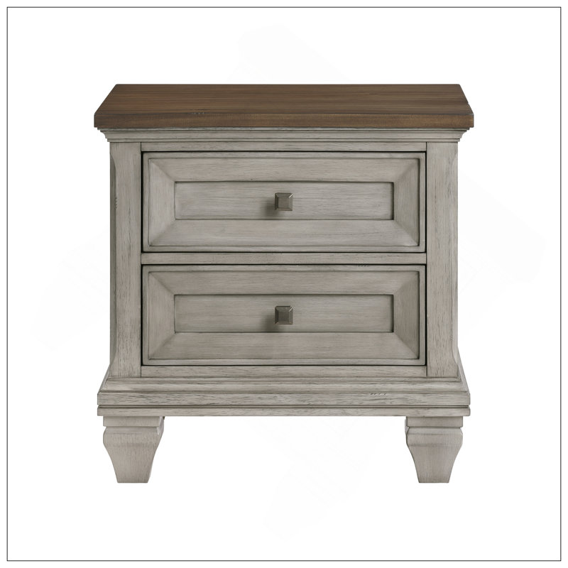 Table de chevet à deux tiroirs au fini gris antique et brun, parfaite pour le rangement élégant et fonctionnel de la chambre à coucher.