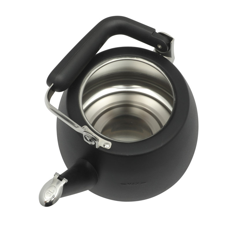 Large Brushed Stainless Steel Whistling Tea Kettle with Black Handle
