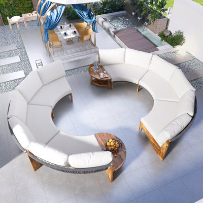 Ensemble de 3 canapés d'extérieur pouvant accueillir 6 personnes, 2 canapés semi-circulaires, une table basse modulaire multifonctionnelle en bois d'acacia, un canapé de terrasse résistant aux intempéries, des meubles de jardin et de cour confortables, faciles à installer