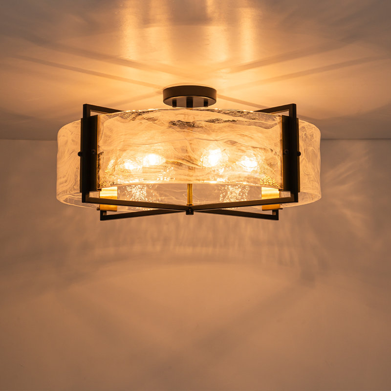 Akosita 6-Light White Mist Glass Drum Semi-Flush Mount, Matte Black/Brushed Gold