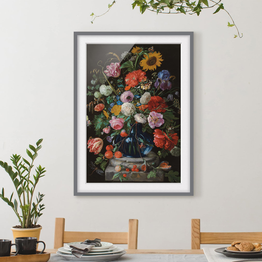 Gerahmtes Papierbild Glasvase mit Blumen