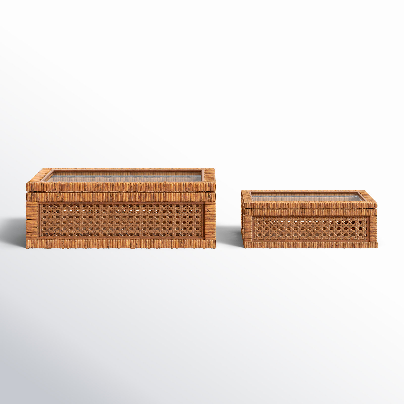 Edelie Woven Cane and Glass Box, 4.25" H x 12.5" W x 6.75" D, Brown