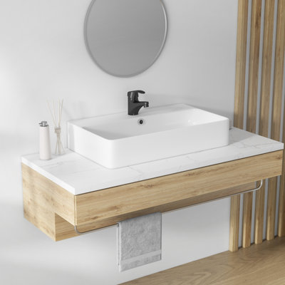 Turner 710mm x 420mm Trough White Rectangular Wall Hung Bathroom Sink Basin with Overflow