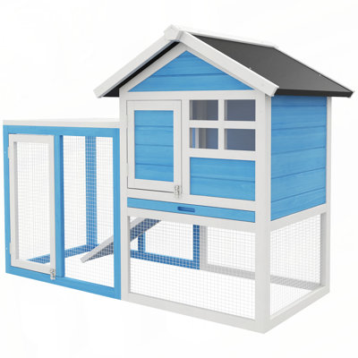 Cage à lapin en bois 48 po avec toit en asphalte imperméable PawHut, course extérieure amusante, plateau et rampe amovibles, bleu clair