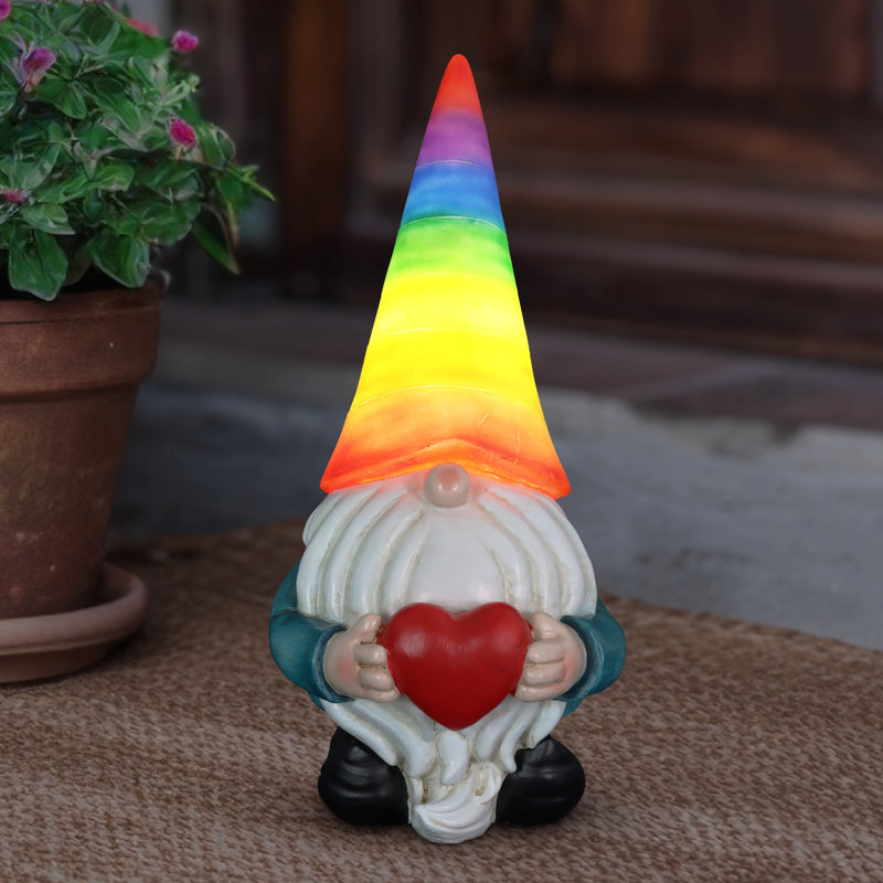 Solar Rainbow Hat Garden Gnome with Heart, 6 x 12.5 Inches