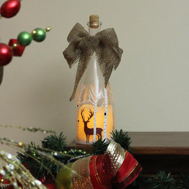 Lanterne pilier sans flamme 10 "à DEL dans une bouteille en verre transparent avec décorations de cerf