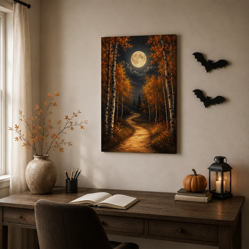 Pleine lune sur un chemin de bouleau sinueux en automne, art mural d'Halloween, H 18 po x l 12 po
