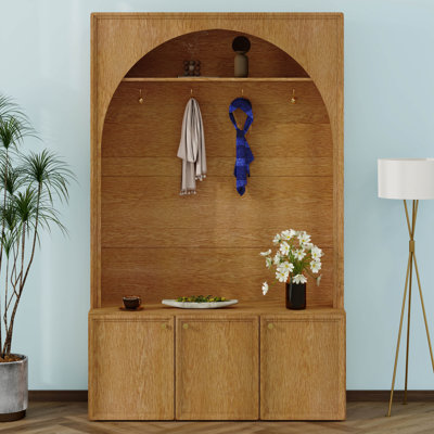 Arbre d'entrée avec banc de rangement, tablettes réglables, portemanteau arqué avec 4 crochets dorés et 3 armoires
