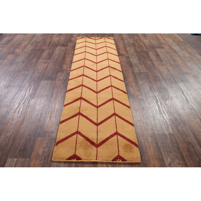 Tapis rouge / jaune en laine noué à la main à motif de treillis oriental traditionnel marocain de conception unique 2 pi 8 po x 9 pi 7 po