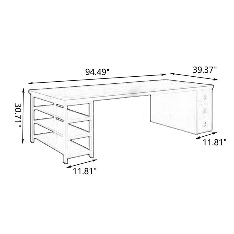 Brown Rectangular Solid Wood with 3 drawers desk, 30.7" H  x 94.5" W  x 39.4" D
