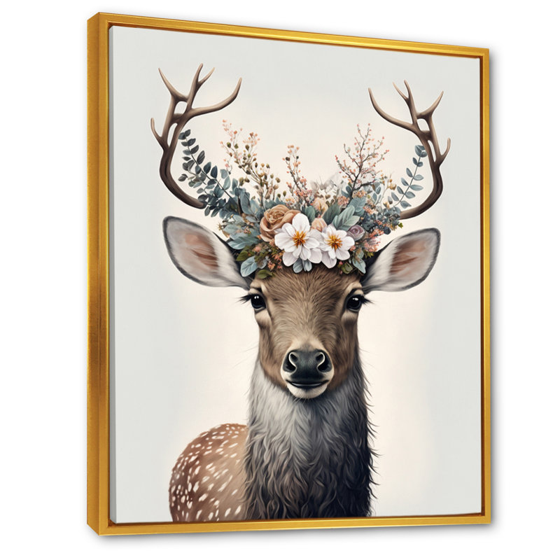 Mignon bébé caribou avec couronne florale III - art mural moderne sur toile, L 24 po x H 32 po, Cadre flottant doré