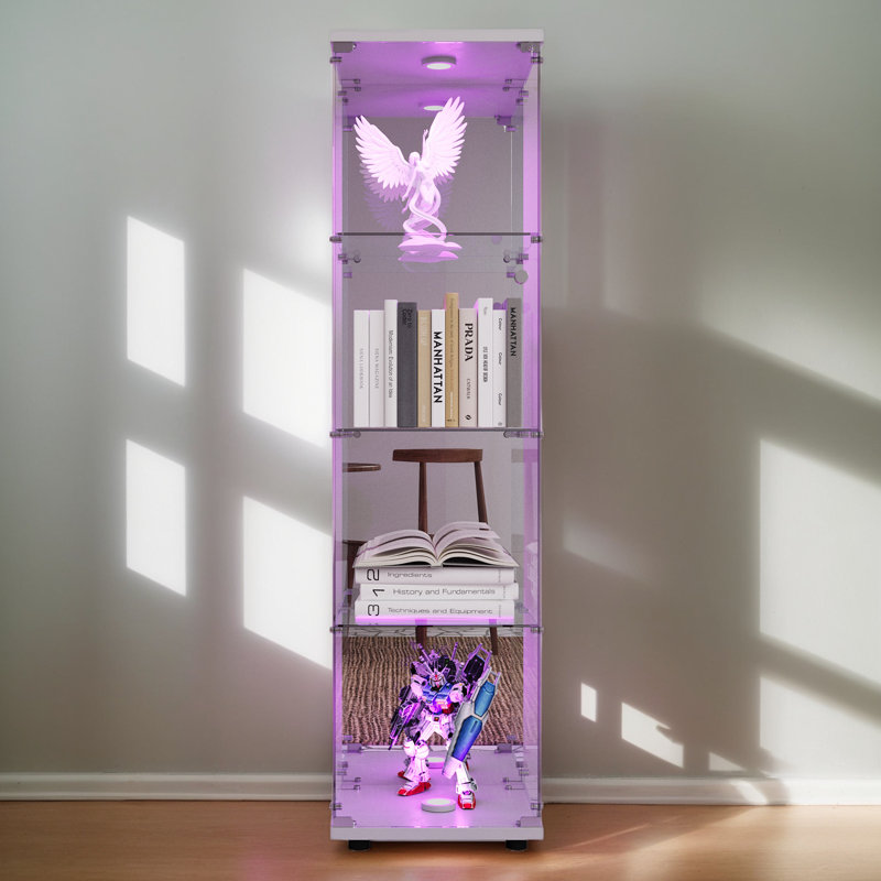 4-Layer Display Cabinet Modern Glass Showcase With LED Light & Door, White, White