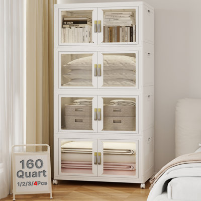 160 Gallon: UAMFURI 4-tier stackable storage unit, capacity 160 gallons (640 QT). Perfect for bed linens, seasonal clothes, craft supplies and tools. Efficient home organization. 1 lid included per set; extra lids sold separately.