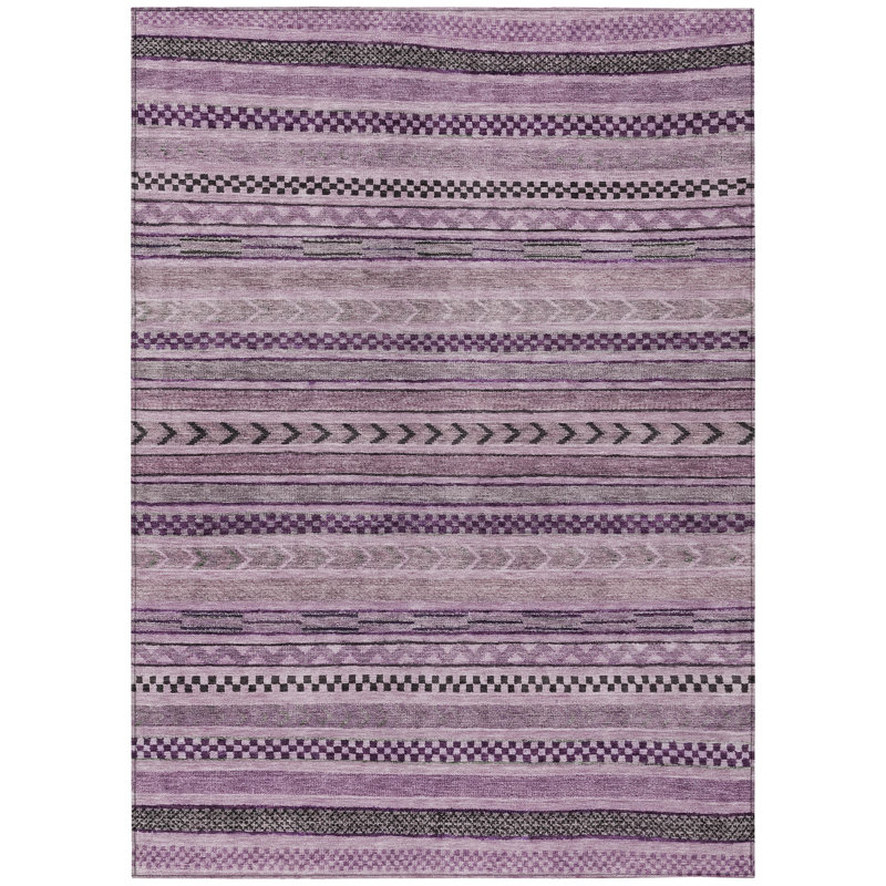 Plum and Gray Striped Washable Indoor/Outdoor Rug 3' x 5'