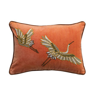 Cotton Velvet Lumbar Pillow With Embroidered Herons