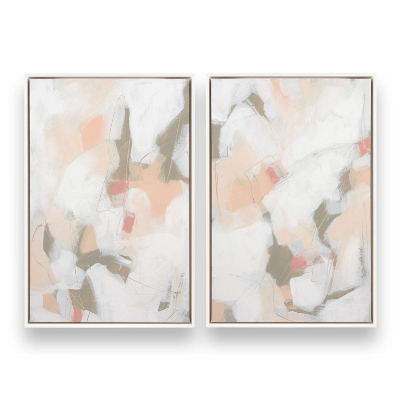 Ensemble de 2 motifs abstraits roses feutrés, Cadre flottant blanc opaque, H 19 po x l 26 po
