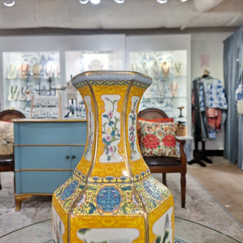 Yellow Hexagonal Porcelain Vase
