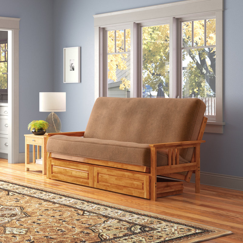 Stratford Full 79" Futon Frame and Mattress with Drawer Set, Butternut, Stone Linen