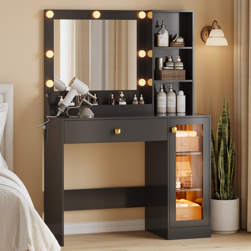 Small Makeup Vanity Table With Mirror And Lights, Black