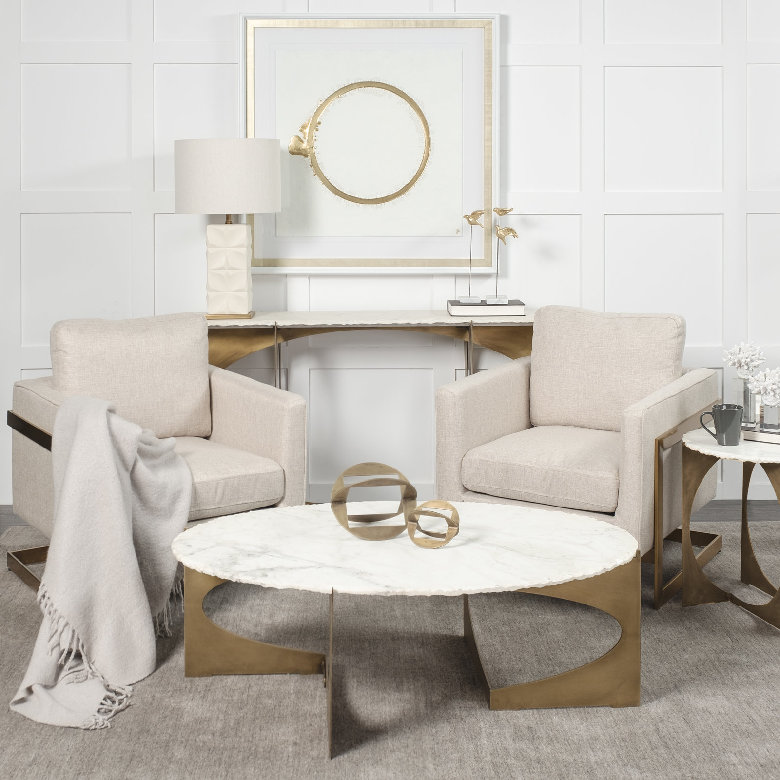 Giles Single Coffee Table, White Top/Antique Gold Base