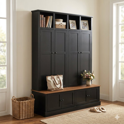 76.7'' Modern Farmhouse Hall Tree With Bench And 4-Door Storage Cabinet